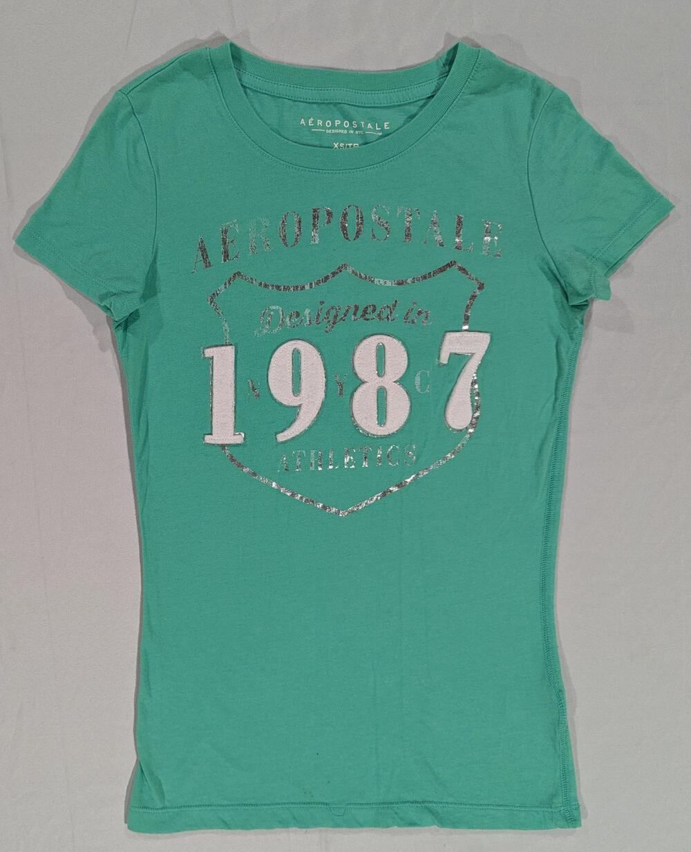 Aeropostale Shirt Juniors XS Green 1987 Athletics Glitter Graphic Logo Tee